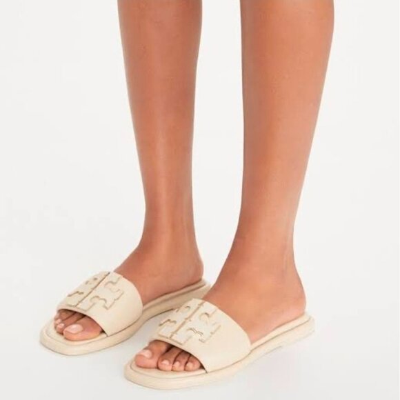 Tory Burch Women Leather Slide Sandals Double T Logo Beige Cream Flat Slip On 10 - Picture 2 of 13